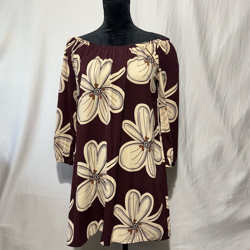 ILLA ILLA Burgundy Off-Shoulder Floral Dress with Cream Blooms